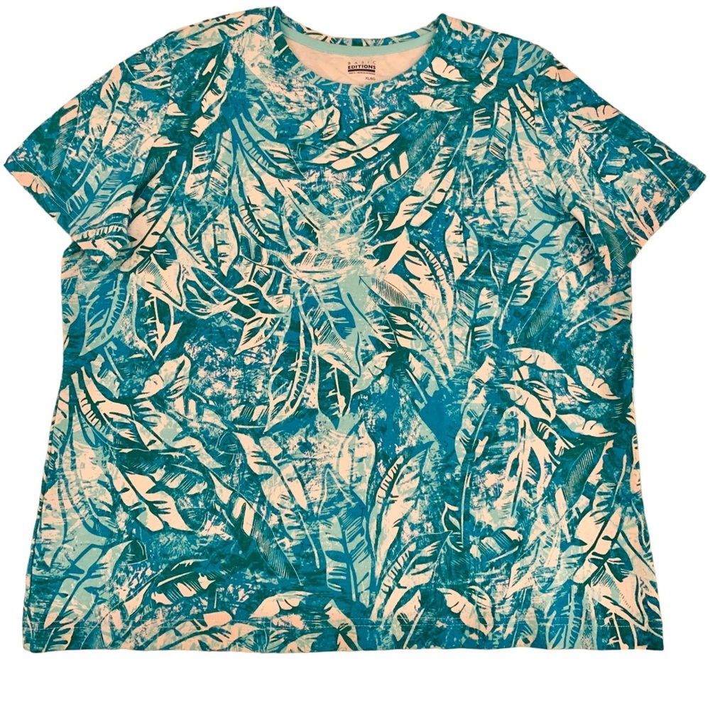 Basic Editions Blue/Green & White Palm Leaf Stretch Cotton Short Sleeve Size XL